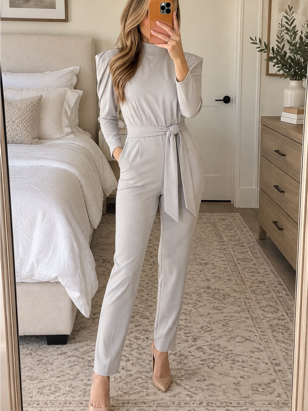 Express Womens Tie-Waist Long Sleeve Jumpsuit in Light Gray